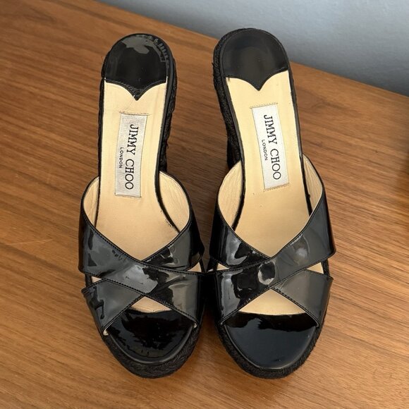 Jimmy Choo Phyllis Espadrille Wedges Mixmatch L: 37.5 / R: 37 Black Patent - Picture 2 of 12